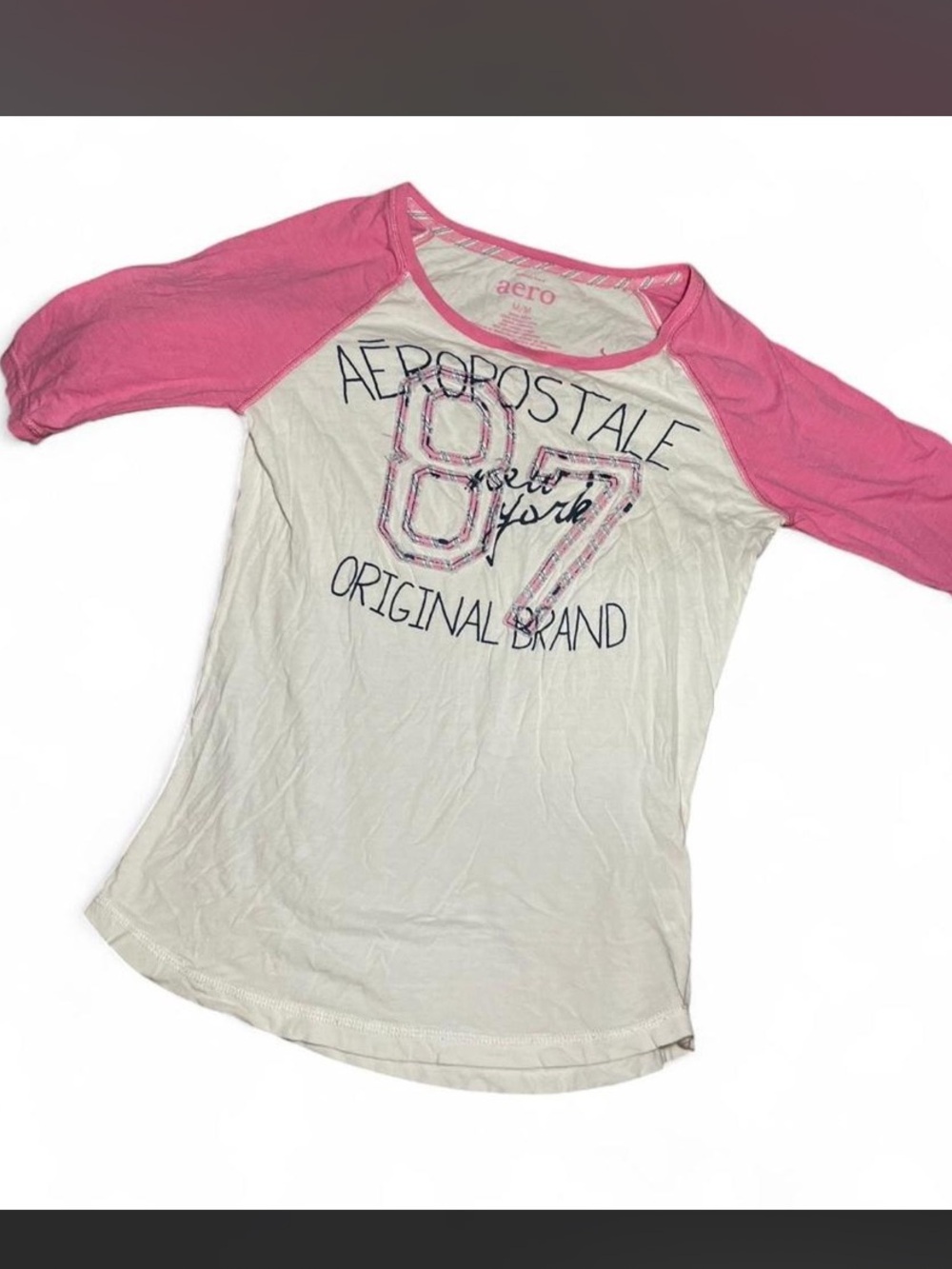 Aeropostale White Tee with Pink Raglan Sleeves and Graphic '87'
